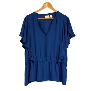 Chico's Womans L Royal Blue Peplum Waist Short Sleeve Flowy Blouse